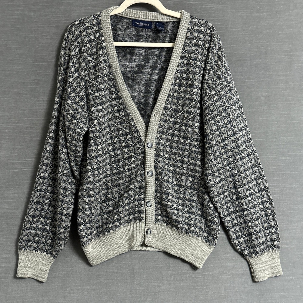 Vintage Van Heusen Cardigan M Gray Chunky‎ 3D Grandpa 90s y2k Grunge Sweater
